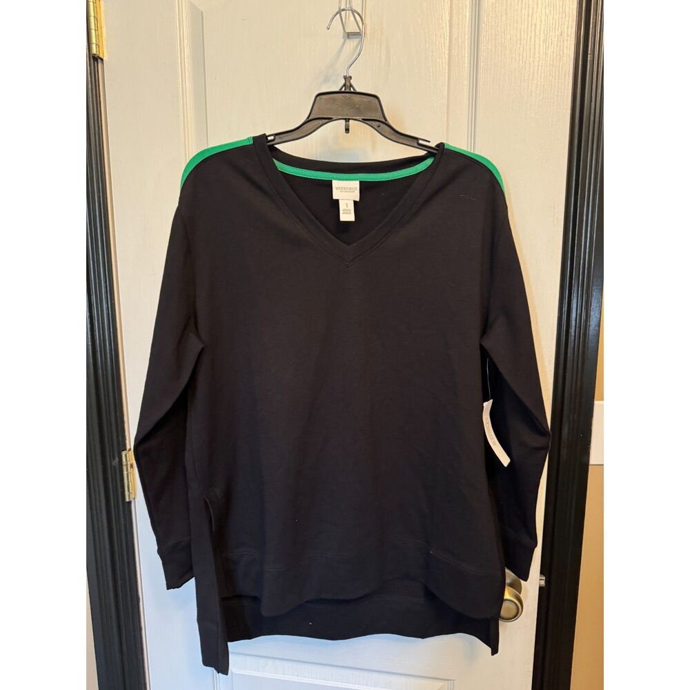 Weekends by Chico's V-Neck Sweatshirt featuring contrasting kelly green stripes.